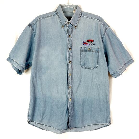 TEXX Canada Chambray British MGA Car 100% Cotton Short Sleeve Button Shirt M - Picture 1 of 7